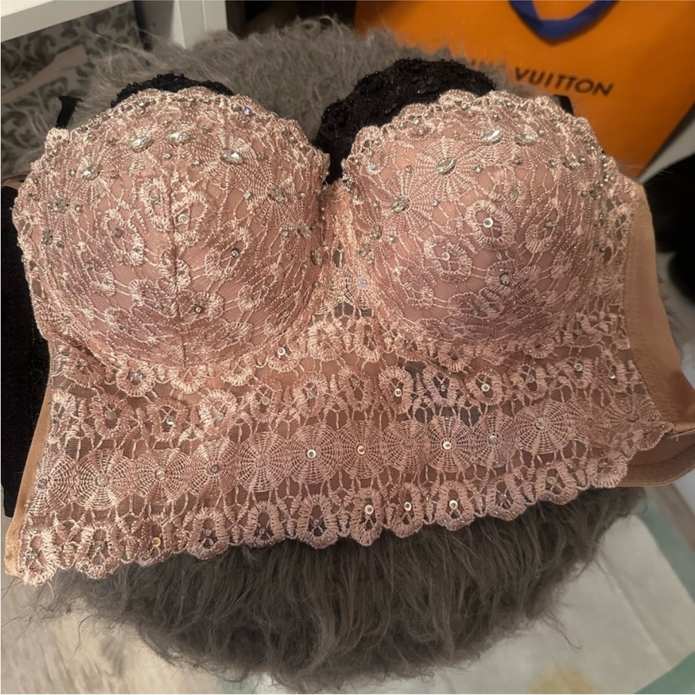 Black and Pink Lace Strapless Bra with Floral Design